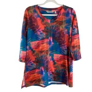 Soft Surroundings Women’s  Orange Teal Floral Tropical Knit Tunic Oversize Shirt